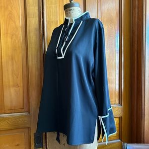 Vince Camuto tunic black w bell piped cuff sleeves high collar long ties slits M
